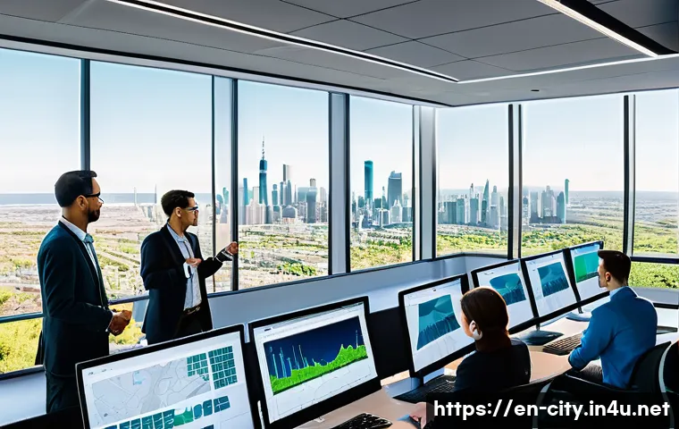 도시계획 실무에 필요한 기술 - A detailed urban planning control room scene showcasing a diverse team of professionals analyzing la...