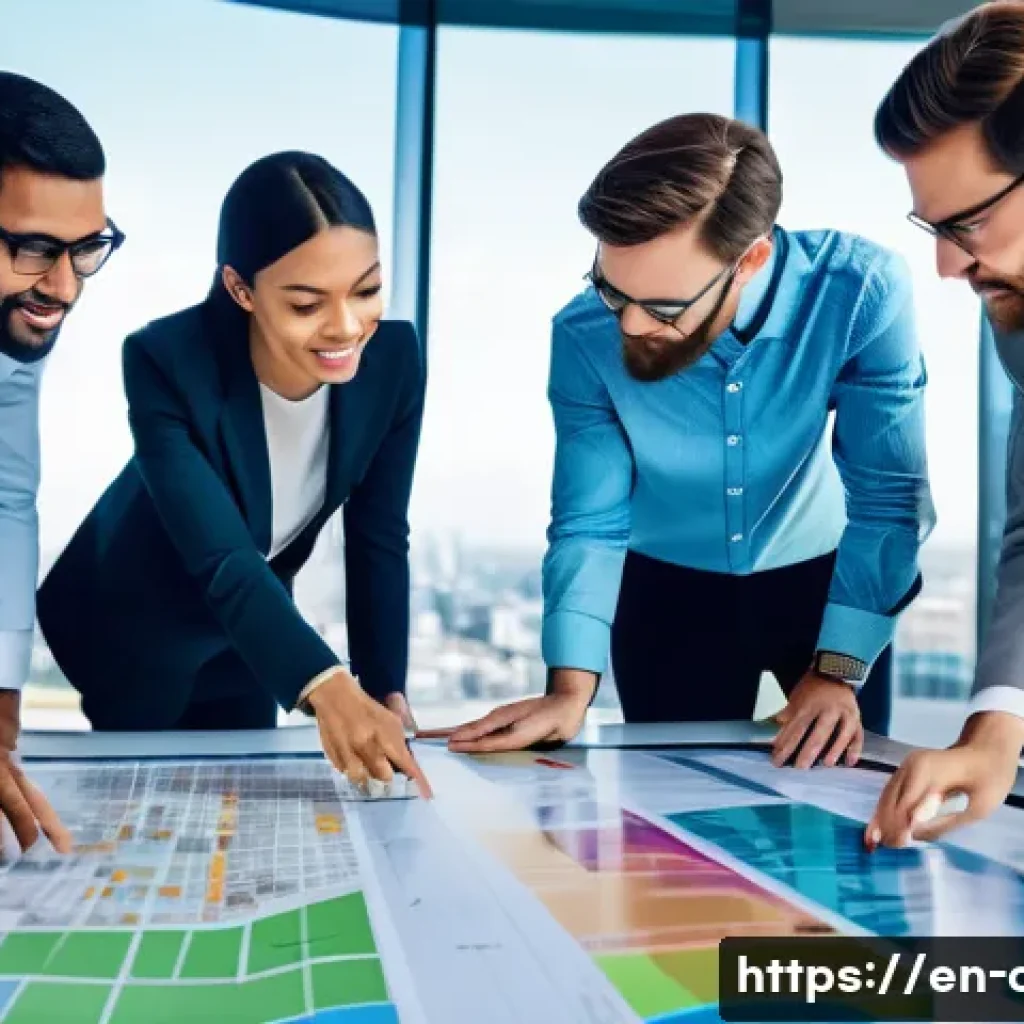 도시계획 전문가의 커리어 패스 - A diverse team of urban planners collaborating around a large digital table displaying a colorful GI...