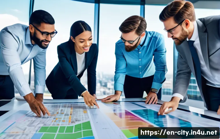 도시계획 전문가의 커리어 패스 - A diverse team of urban planners collaborating around a large digital table displaying a colorful GI...
