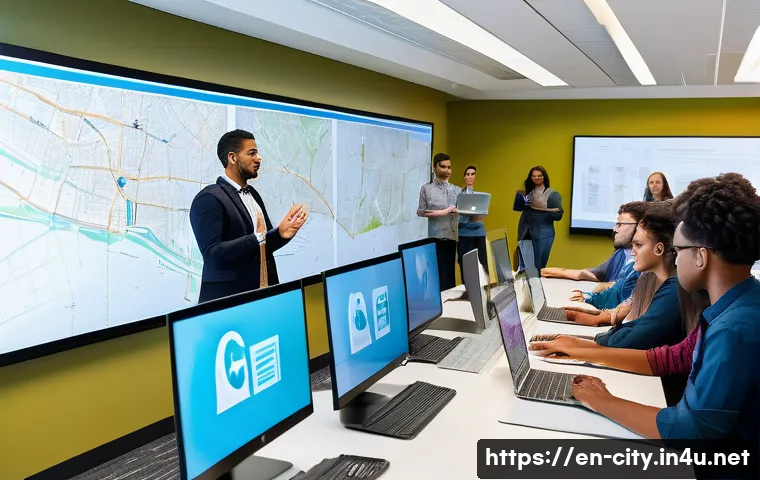 도시계획 실무 과정 추천 - A modern urban planning classroom scene featuring diverse adult students actively engaged in a hands...