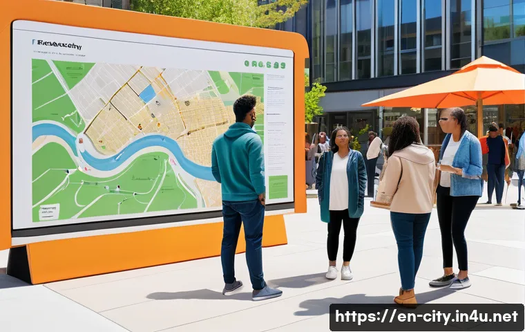 도시계획 이론과 실무 차이점 - A vibrant urban community meeting scene outdoors in a modern city plaza during daylight, featuring d...