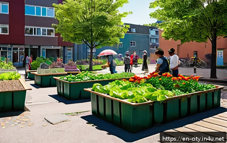 도시계획 관련 주요 업무 사례 - A vibrant urban community garden transforming a vacant city lot into a lively green space, featuring...